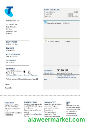 Australia Telstra telecommunications business utility bill template in Word and PDF format